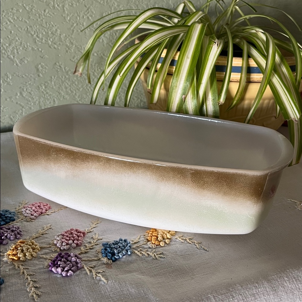 Vintage Federal Glass Iridescent Moss Green Brown Bread Loaf Pan 10”